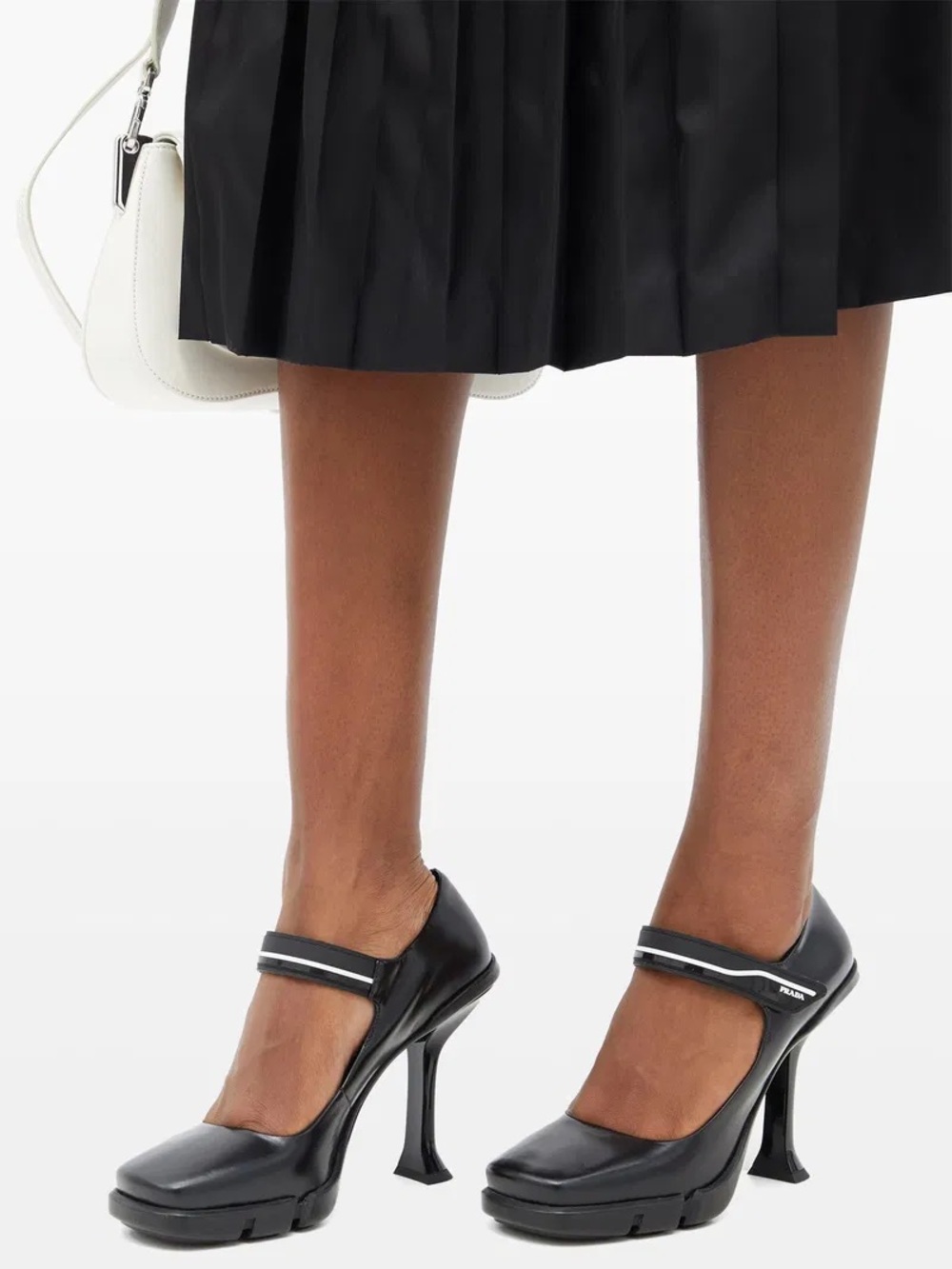 Prada FW20 Runway Black Leather Rubber Sole Mary Jane Sculptural Heels 38